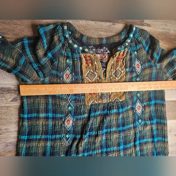Johnny Was Workshop XL Blue Green Plaid Heavy Embroidery Aztec Western - Picture 8 of 16